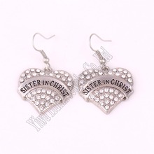 Hot Selling rhodium plated earring with crystals SISTER IN CHRIST  heart pendant 2024 - buy cheap