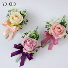 YO CHO Wedding Corsages Boutonnieres Silk Roses Flower Pink Wrist Corsages Groom Boutonniere Man Marriage Pins Wedding Supplies 2024 - buy cheap
