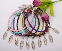 Hot 50pcs Silver Lovely Wide Feather Charms Pendants Mixed Color Braided Rope Bracelets Fashion Jewelry DIY For Women&Men F771 2024 - buy cheap