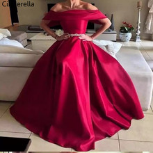 Cinderela Red Boat Neck Off The Shoulder Zipper Voltar Chão Lengt Cetim Cristal Sash Vestidos de Noite vestidos de festa de noche 2024 - compre barato