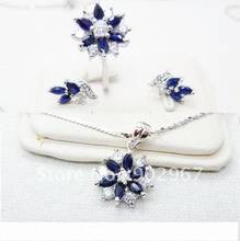 Natural real sapphire flower jewelry set Free shipping 1pair earring 1pc ring 1pc pendant 925 sterling silver 0.13ct*18pcs gems 2022 - buy cheap