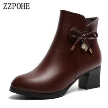ZZPOHE Women Fashion Boots Ladies leather round toe high heels ankle boots female autumn winter Plus velvet shoes 2024 - buy cheap