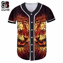 OGKB Verão Camisas do Basebol Impressão Leão Chama 3d Camisetas Botão Para Hiphop TShirts de Manga Curta de Treino de Fitness 2024 - compre barato