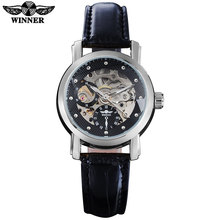 2016 WINNER famous brand women watch fashion automatic self wind watch skeleton dials transparent glass silver case leather band 2024 - buy cheap