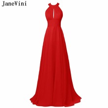 JaneVini-Vestidos largos de dama de honor de talla grande, rojo, encantador, con cuello Halter y espalda descubierta, de gasa, longitud hasta el suelo, para fiestas de boda 2024 - compra barato