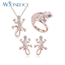 MOONROCY Free Shipping Rose Gold Color Crystal Necklace Earring and Ring Jewelry Set lizard gecko animal Jewelry for women Gift 2024 - buy cheap