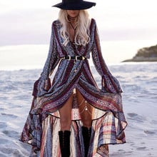 TEELYNN boho dress 2019 floral print maxi desses V-neck long sleeve hippie floor-length beach wear Gypsy women dresses Vestidos 2024 - buy cheap