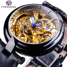 Relojes de esqueleto dorado y negro Retro de Forsining, reloj de pulsera transparente de hombre de cuero genuino con manos Luminosas Azules 2024 - compra barato