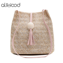 Aliwood-bolsa de praia feminina de palha boêmia, com borlas, bolsas de ombro franjas, sacola de vime para mulheres, verão 2024 - compre barato