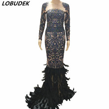 Женский зимний сценический костюм для ночного клуба, Черное длинное платье с перьями и стразами, цельнокроеное платье, наряд для праздника 2024 - купить недорого