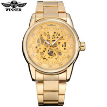 WINNER men mechanical watches luxury brand men's automatic skeleton watches male gold steel band wristwatches rhinestone clock 2024 - buy cheap
