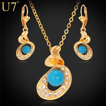 Conjunto de collar de perlas de imitación U7 para mujer, juego de collar de perlas sintéticas azules de Color dorado, pendientes, joyería S485 2024 - compra barato