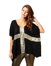 Women's Leisure Cross Sequins Decor Low round Neck Loose T-shirt Cotton Tee 2024 - buy cheap