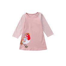 Vestido listrado de manga comprida para bebês, roupa fofa para meninas primavera outono gola redonda com pássaros rosa listrado vestido até o joelho 6m-7y 2024 - compre barato