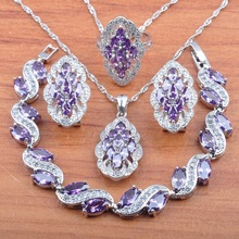 Conjunto de joyería de Color plata de alta calidad para mujer, pendientes violeta de cristal, collar, colgante, anillos, pulsera, JS0506 2024 - compra barato