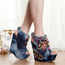 Summer Denim Sandals Peep Toe Wedge Shoes Woman Beading 12CM High Heels Women Platform Pumps Ladies Wedges Thick Sole Creepers 2024 - buy cheap