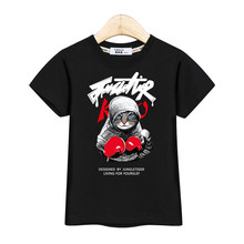 Camiseta boxer infantil de algodão, camiseta de verão para meninos com estampa de gato e manga curta 2024 - compre barato