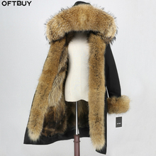 Oftbuy jaqueta de inverno feminina, casaco longo de pele de guaxinim natural com capuz, pele de raposa, forro destacável 2024 - compre barato