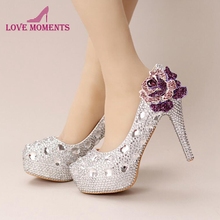 Zapatos de boda de cristal plateado hechos a mano pequeños diamantes de imitación zapatos de plataforma para novia con Cristal púrpura zapatos de fiesta de graduación de rosa de talla grande 2024 - compra barato