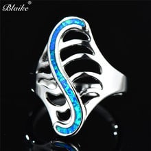 Blaike Boho Silver Color S Shape Blue Fire Opal Rings For Women Men Statement Hollow Leaf Party Band Jewelry Gifts 2024 - buy cheap