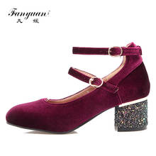 Женские туфли с квадратным носком Fanyuan, элегантные туфли из флока на высоком каблуке, с ремешком с пряжкой, модная обувь Мэри Джейн 2024 - купить недорого