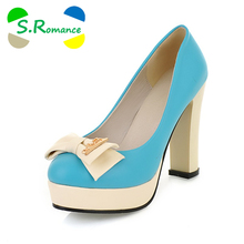 S.Romance Plus Size 34-43 New Arrival Fashion Sexy Elegant Round Toe Sqaure High Heels Woman Shoes Women Pumps Blue Pink SH049 2024 - buy cheap