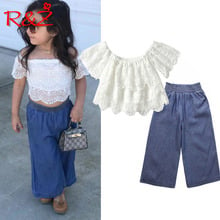 R&Z children's suit 2019 ins Europe and the United States girls summer strapless lace short-sleeved denim flare pants two-piece 2024 - buy cheap