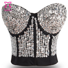 Sutiã chamativos de prata burlesco, roupa íntima feminina com lantejoulas bordadas sutiã push up sexy para garotas, sutiã punk para dança 2024 - compre barato