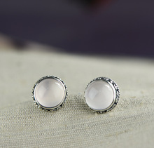 S925 sterling silver Thai silver hand-inlaid natural white chalcedony earrings 2024 - buy cheap
