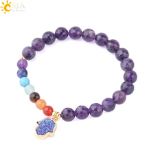 CSJA 8mm Natural Crystal Quartz Bracelets Mixed 6mm 7 Chakra Stones Hamsa Hand Charms Bracelet for Women Reiki Yoga Jewelry F702 2024 - buy cheap