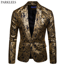 Gold Coated Metallic Suit Men Jacket Glitter Bronzing Floral Print Blazer Jacket Men Slim One button Nightclub DJ Stage Costumes 2024 - buy cheap