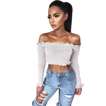 2018 New Tank Tops Sexy Off Shoulder Ruffles Ruched Knit Crop Top Women Short Tees Casual Streetwear 90s Basic Camis 2024 - buy cheap