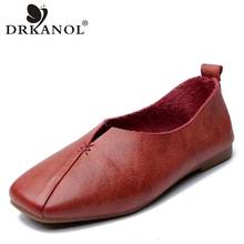 DRKANOL Genuine Leather Flats Shoes Woman Slip On Moccasins Flat Loafers Vintage Square Toe Soft Shallow Casual Women Shoes 2024 - buy cheap