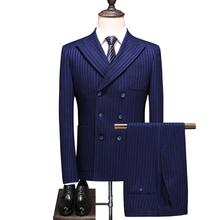 Colete masculino listrado com 3 peças, estilo coreano, azul profundo, slim fit, casamento, negócios, blazers, calças, tamanho grande, 2021 2024 - compre barato