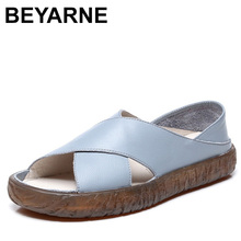 BEYARNE  Women Sandals 2018 Genuine Leather Flat Gladiator Sandals For Women Summer Casual Shoes Peep Toe Slip On Vintage Sandal 2024 - buy cheap