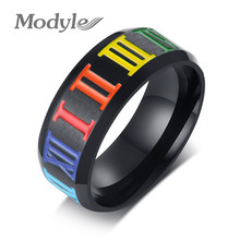 Modyle 2022 New Black Stainless Steel Men Ring Colorful Roman Numeral Gay Pride Rainbow Wedding Ring for Man Woman 2024 - buy cheap