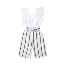 Fashion Toddler Kids Baby Girl Off shoulder White Crop Tops Striped Wide Leg Pant Trouser 2PCS Set Girls Clothes 2024 - buy cheap