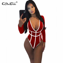 Hot Sale Long Sleeve Bodysuit Jumpsuit Women Rompers Bodycon Black Red Elegant Patchwork Deep-V One Piece Skinny Sexy Bodysuit 2024 - buy cheap