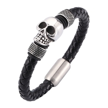 Punk jewelry men preto couro trançado crânio pulseira esqueleto aço inoxidável fivela magnética pulseira masculina presente sp0057 2024 - compre barato