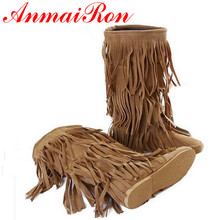 ANMAIRON New Fashion Style Women Spring&Autumn Round Toe Mid-calf Boots Women 3 Colors Fashion Yellow Tassel Flats Women Boots 2024 - compre barato