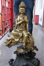 wholesale factory 32" Chinese Bronze Gilt Temple Kwan-Yin Quan Yin Buddha Ride Dragon Fish Statue AE1024 2024 - buy cheap