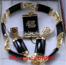 Wholesale JWEW6553 >>charming 14KGP Chinese blessing black stone pendant bracelet 7.5" earring sets 2024 - buy cheap