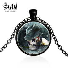 SIAN Vintage Skeleton Long Necklace Skull White Rose Glass Dome Pendant Necklace Gothic Punk Jewelry Halloween Gift for Friends 2024 - buy cheap