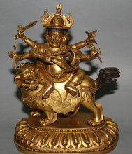 USPS to USA S2355 8" Tibet Tibetan Buddhism 24K Gold Gilt Protector Deity ride lion Buddha Statue 2024 - buy cheap