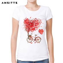 AMEITTE Creative Bicycle and Books T-Shirt Women Custom Valentine's/Birthday Day Gift tshirt Summer Female Short Sleeve Tee Tops 2024 - buy cheap
