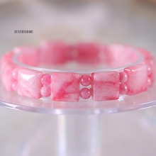Frete grátis feminino pulseira esticável pedra natural rosa redonda contas quadradas bracelete 7 "1 peça h453 2024 - compre barato