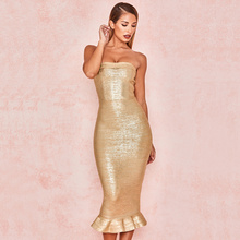 High Quality Foiled Gold Metallic Bandage Fishtail Dress For Women Strapless Sleeveless Ruffle Midi Sheath Club Mermaid Dress 2024 - buy cheap