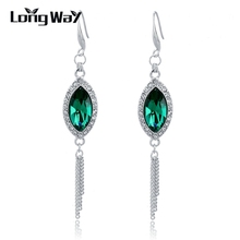 LongWay-pendientes de lujo de cristal verde para mujer, aretes de Color plateado con flecos largos, joyería de boda SER140331 2024 - compra barato