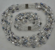 wholesale 3lines white gray black mix freshwater pearl necklace bracelet sets 2024 - buy cheap