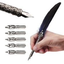 2019 Hot 1 Set Vintage Signature Calligraphy Quill Dip Pen Turkey Feather Pen  Oblique + 5 Nibs+ Pen Set Gift 2024 - buy cheap